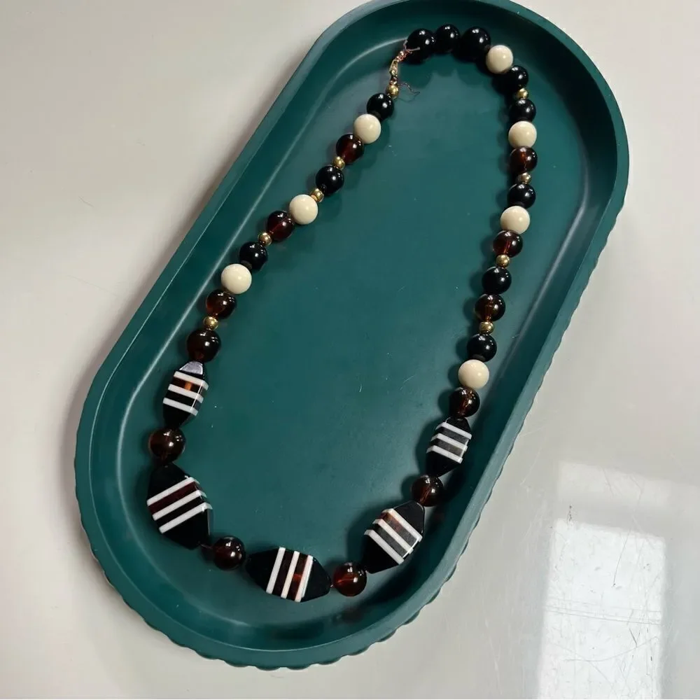 Gorgeous Neutral Tone Vintage 1970s 3D Geometric Block Beads Statement Necklace